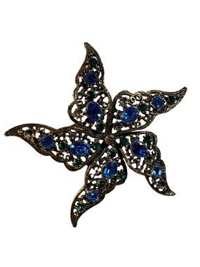 Gold Tone Filigree Pinwheel Star Brooch Pin Blue & Green Rhinestones 3" Vintage